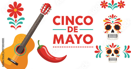 Cinco de Mayo festive banner with acoustic guitar, sugar skull, chili pepper, and floral accents, vibrant Mexican celebration.