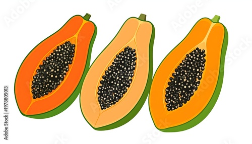 Three sliced papayas with seeds, showing the inside of the fruit.