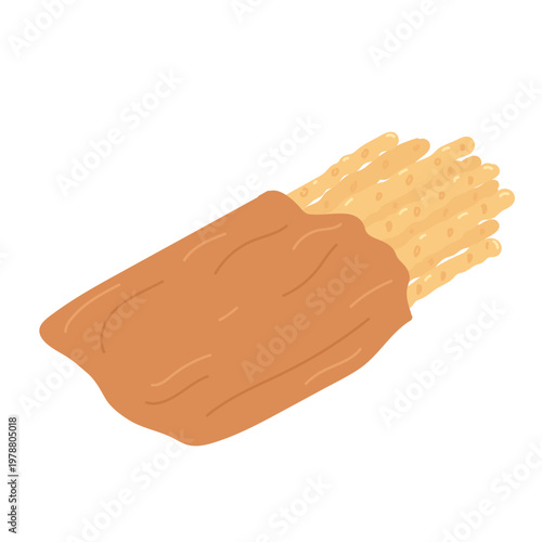 Bread sticks in paper bag in flat cartoon design. Summer picnic bakery food for outdoor lunch, classic french or italian long crispy snacks or baguettes in packing. Vector illustration isolated.