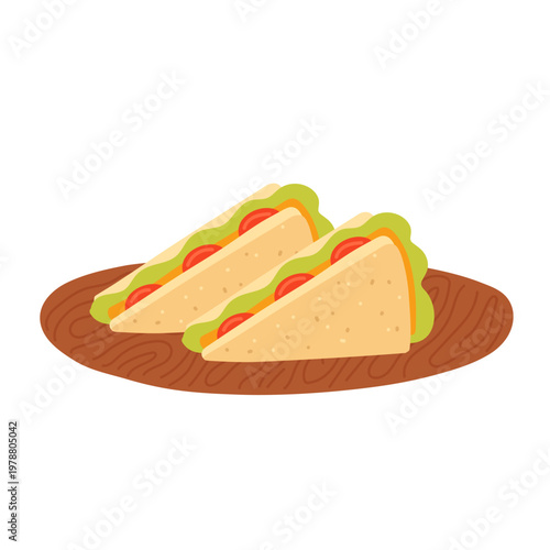 Two sandwiches with tomato, salad and cheese on wooden plate in flat cartoon design. Summer picnic meal, fast food snack, nourishment homemade lunch with fresh vegetable. Vector illustration isolated.