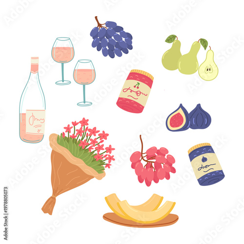 Pink wine in bottle, glasses, fruits and flowers in flat cartoon design. Grape, pears, fig, melons, jam desserts and drinks for birthday, romantic dinner, valentine date. Vector illustration isolated.