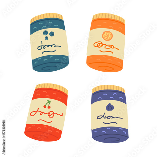 Berry jams in glass jars in flat cartoon design. Vector illustration isolated