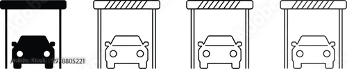 Car barrier icon set, vector collection of barricade toll gates parking entrance open and closed barriers with ticket symbols for transport and traffic control design.
