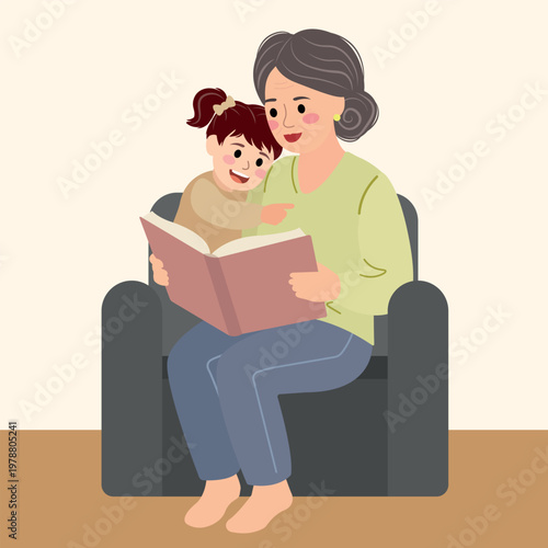 Nanny or grandmother reading a book with a child on the couch, warm family bonding scene, cute children’s illustration for storytelling and education