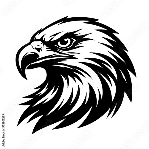 black eagle head illustration, bold lines, white background
