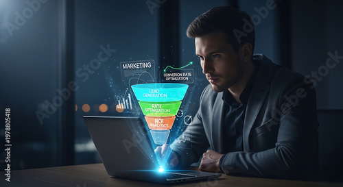 A man in a dark room working on a laptop with a marketing funnel on the screen