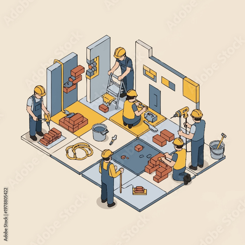 Construction workers installing tiles and bricks on a building site.