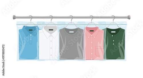 A row of colorful folded shirts neatly organized within transparent plastic zip-lock bags hanging from a sturdy metal rod against a plain white backdrop.