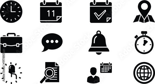 Time management and business organization black silhouette icon set for planning and schedules with management, business