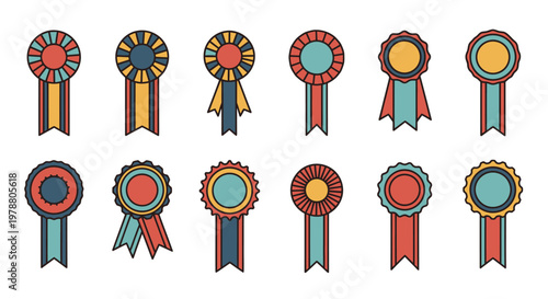 Collection of award ribbons and medals with vibrant colors and varied designs