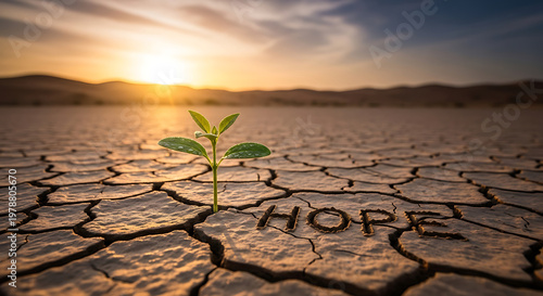 A small green plant grows in dry cracked earth with the word hope