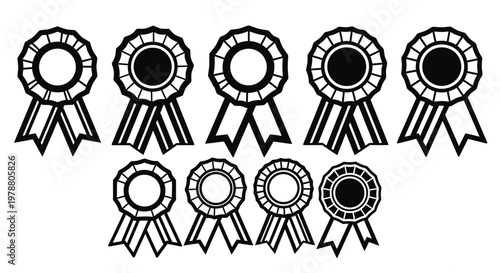 Award ribbons with circular medallions and hanging tails for achievement recognition