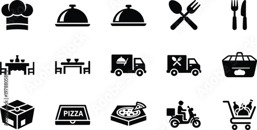 Food delivery and catering services black silhouette icon set for restaurants and takeaway with delivery, catering