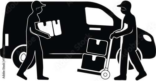 Two delivery men moving boxes with a hand truck-1