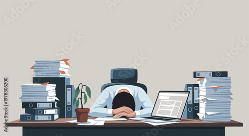 Exhausted Office Worker with Heavy Paperwork and Laptop on Desk Vector Illustration