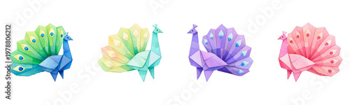 Colorful watercolor set of geometric origami peacocks with elegant tails. Soft gradients and clean white background perfect for prints, branding, invitations, and decorative nature-inspired designs.