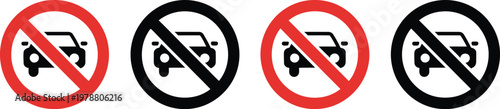 Car forbidden sign set, vector collection of no parking no entry and road warning symbols with red circle prohibition icons for traffic regulation design.