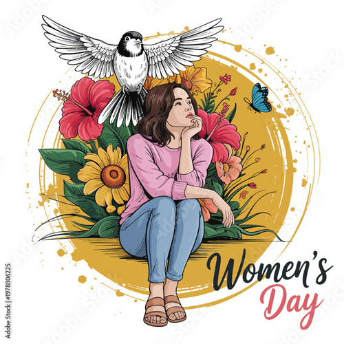 Peaceful woman portrait surrounded by spring flowers and a flying heron, artistic nature illustration for skincare, organic products, and meditation theme branding.