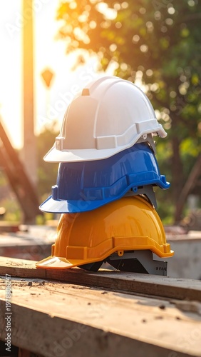 A vibrant shot of three stacked safety helmets in white, blue, and yellow, with the sun setting in the background. Construction