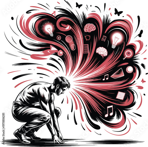 Artistic silhouette of a sitting man with explosive creative energy from head, metaphor for innovation, problem solving, and intellectual growth, vector art for education and business.