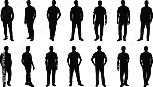 Black silhouettes of men in various poses  standing 1