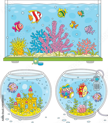 Merry small fishes swimming in blue water of colorful aquariums with tropical sea corals, shells and a toy castle among seaweeds, a set of vector cartoon illustrations on a white background