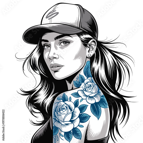 Beautiful woman portrait with blue rose shoulder tattoo and baseball cap, feminine line art illustration for fashion blog, beauty salon, and modern lifestyle branding.
