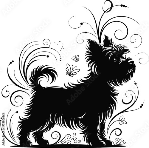 Cute terrier dog silhouette with elegant swirling floral patterns, hand drawn black puppy illustration for pet shop branding, grooming salon, and decorative animal wall art.