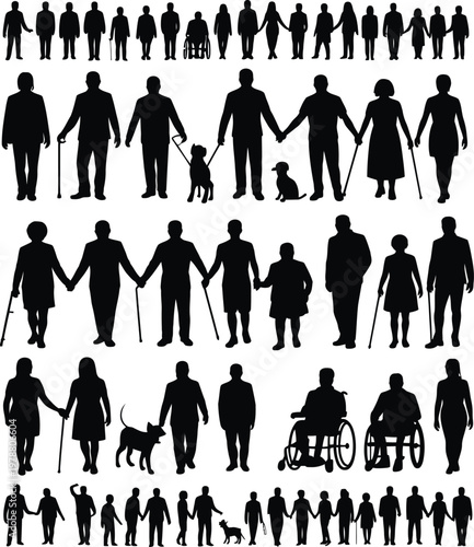 Black silhouettes of people with disabilities and canes 