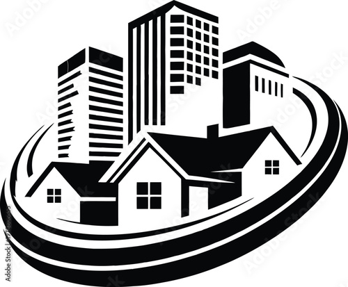 Minimalist black and white real estate logo featuring a group of houses and high-rise office buildings, professional silhouette illustration for property developers and housing agencies.
