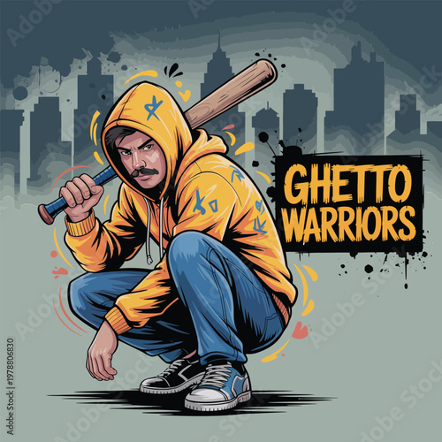 Urban street style character in a yellow hoodie holding a baseball bat, "Ghetto Warriors" graffiti illustration for streetwear branding, gaming, and hip hop culture.