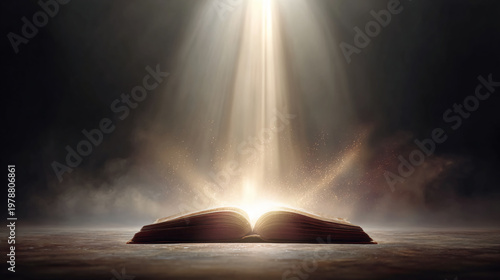 An open book emits a radiant light, surrounded by a mystical aura, suggesting enlightenment and knowledge.