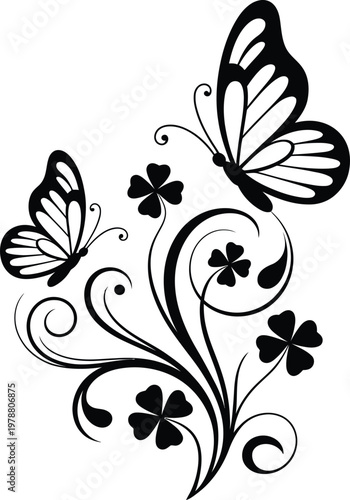 Beautiful butterfly silhouette with four-leaf clover vine and swirling patterns, artistic black and white nature illustration for luck, wellness, and decorative branding