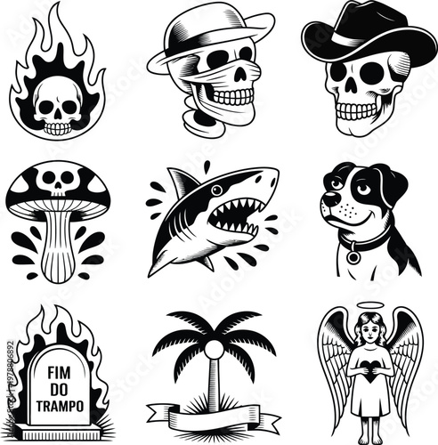 Vintage style tattoo flash set with skull, shark, dog, and angel characters, creative black and white ink illustrations for stickers, apparel design, and edgy branding.