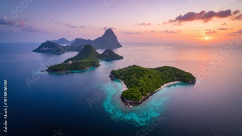 Turquoise Ocean and Green Islands at Sunset