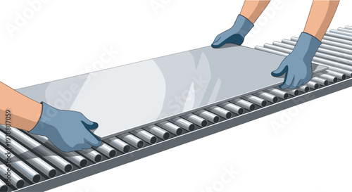 A detailed close-up illustration of workers wearing blue safety gloves carefully guiding a large reflective metal sheet along an industrial conveyor.
