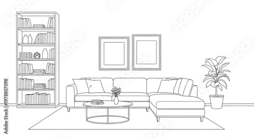 A minimalist living room interior with a sectional sofa bookshelf and framed artwork