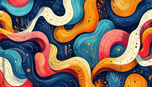 Vibrant abstract art featuring flowing, colorful, ribbon-like forms set against a deep blue background. The style is dynamic and bold