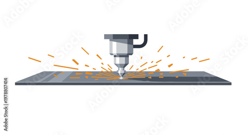 Detailed close-up illustration of a precision laser cutting head emitting a vibrant burst of orange sparks as it pierces through a thick dark metal plate.