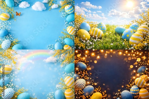 Easter egg floral arrangements collection with blue, yellow, and white eggs on grass and flowers