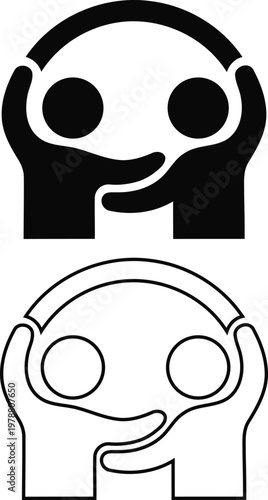 Black and white illustrations of alien face with hands on head  simple line art and solid fill versions  no background