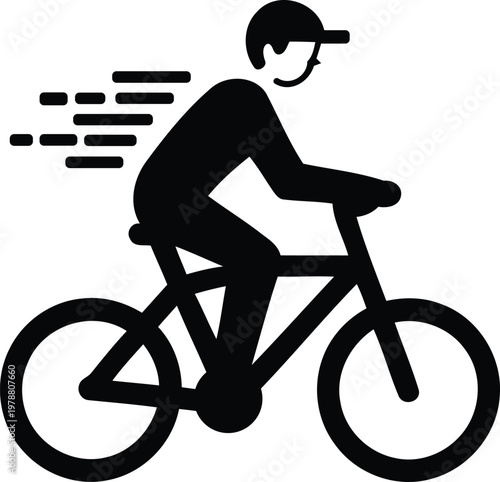 Black silhouette of a person wearing a cap riding a bicycle fast with speed lines moving  fast motion  cycling  bike