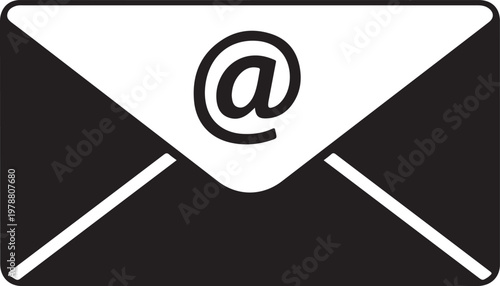 A black and white icon of an envelope with an at sign