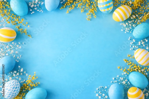 Easter eggs and spring flowers flat lay on blue background