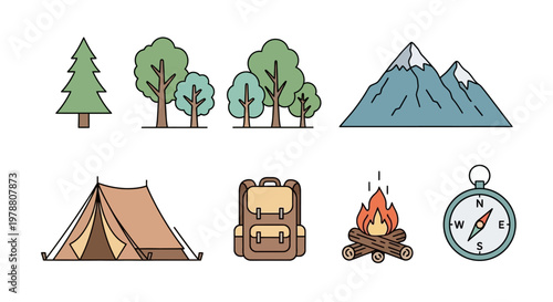 Camping gear and outdoor travel icons.
