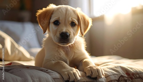 Adorable golden-hued puppy gazing at the viewer, nestled on a bed, with sunlit background creating warm glow