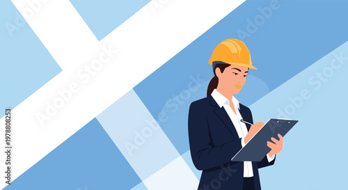 Dedicated female architect wearing a hard hat takes notes on a clipboard against a professional blue geometric background design.