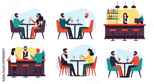 Collection of various restaurant scenes shows couples enjoying meals and drinks at tables and bar counters in a cozy environment.