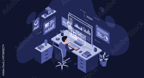 Data analyst works at a high tech workstation with multiple monitors displaying complex financial charts and information dashboards.