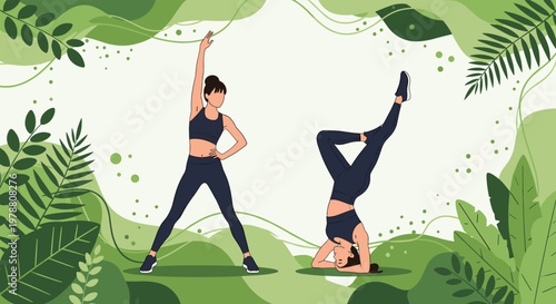 Two fit women perform yoga poses and fitness exercises in a stylized outdoor setting with green leaves and flowing abstract shapes.